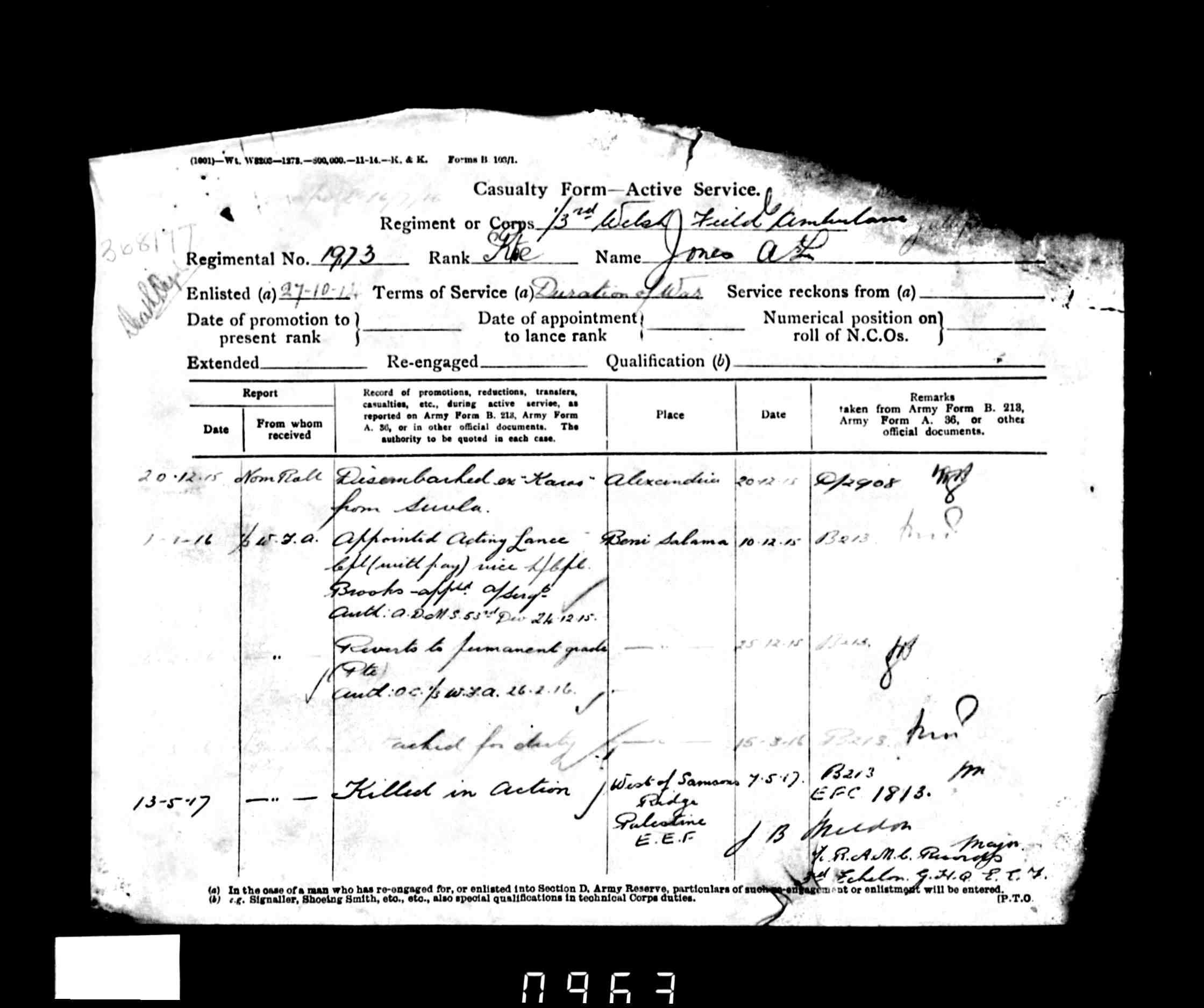 Arthur Llewellyn's WW1 Army Records (from www.ancestry.co.uk )